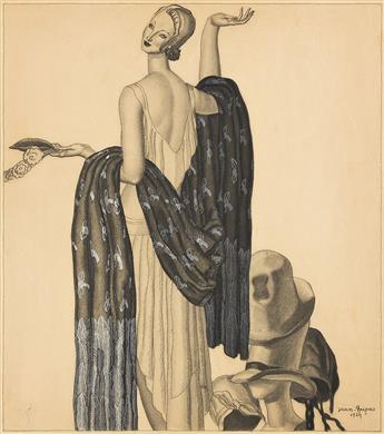 JEAN DUPAS (188-1964) Woman with silk shawl posing by hat stand.